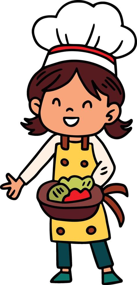A young girl wearing a chef's hat and apron is holding a bowl of food vector