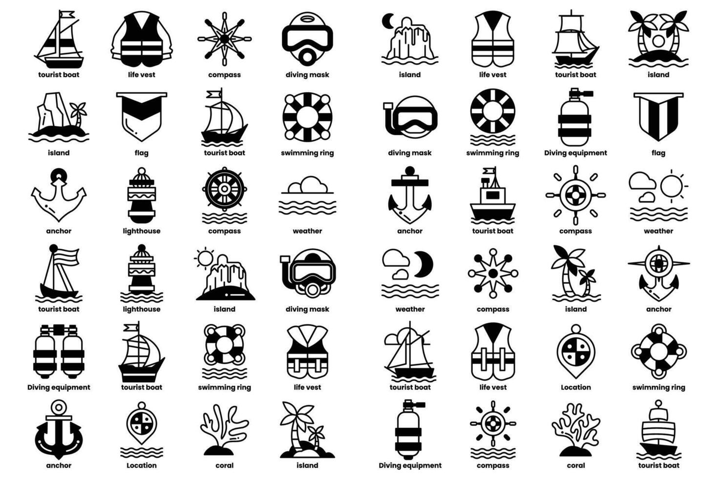 A collection of icons for various water sports and activities vector