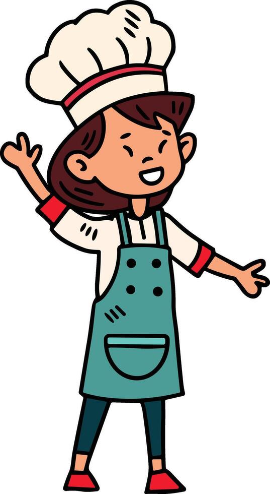 A woman chef is wearing a white apron and a chef hat vector