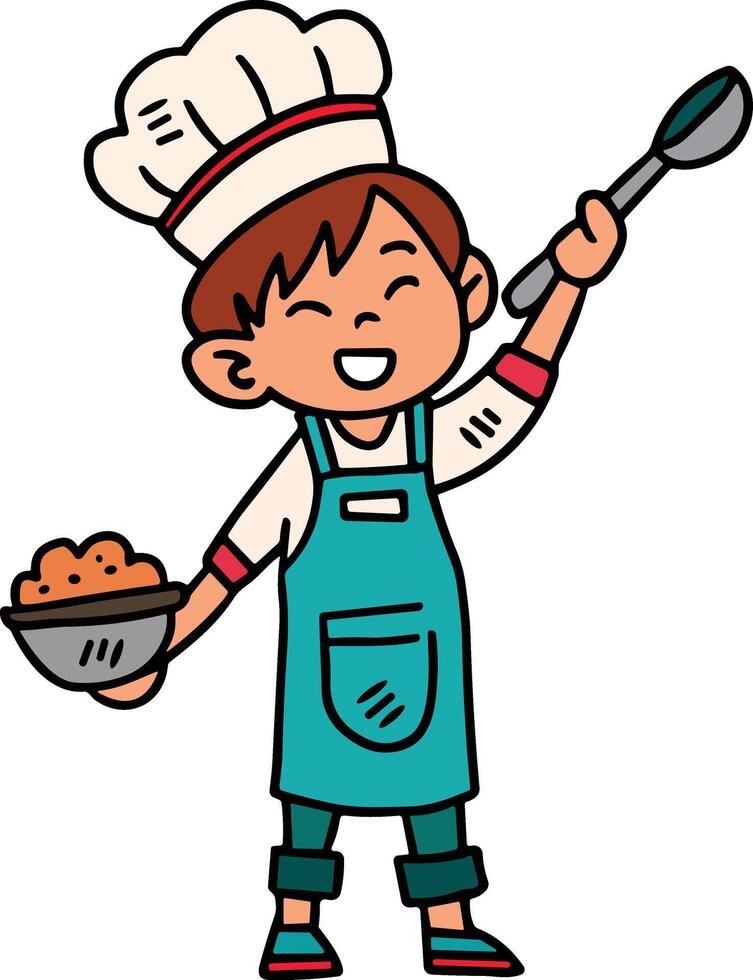 A cartoon chef is cooking food in a pot vector