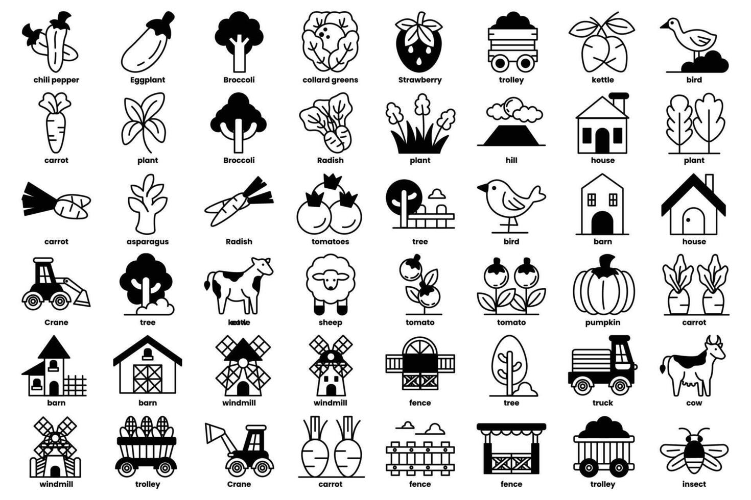 A collection of farm and garden icons, including a carrot, a cow, a house vector