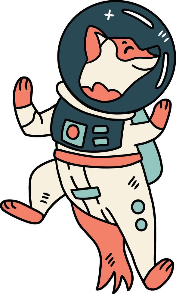 A cartoon dog is wearing a space suit and is floating in space vector