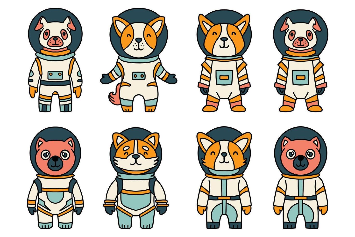 A set of cartoon animals in space suits vector