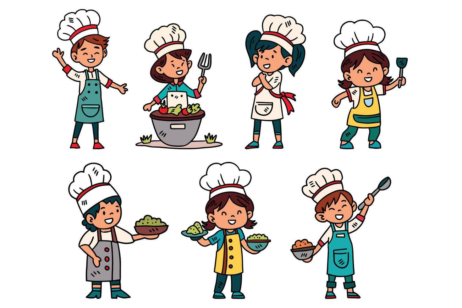 A group of children dressed as chefs are shown in various poses vector