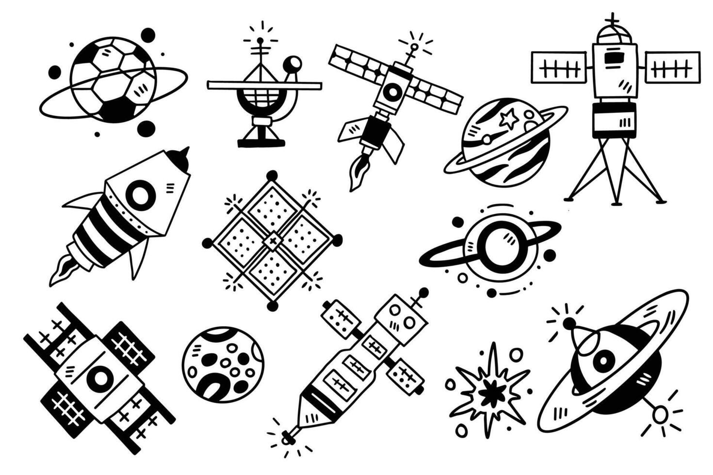 A collection of space-themed drawings, including rockets, planets vector