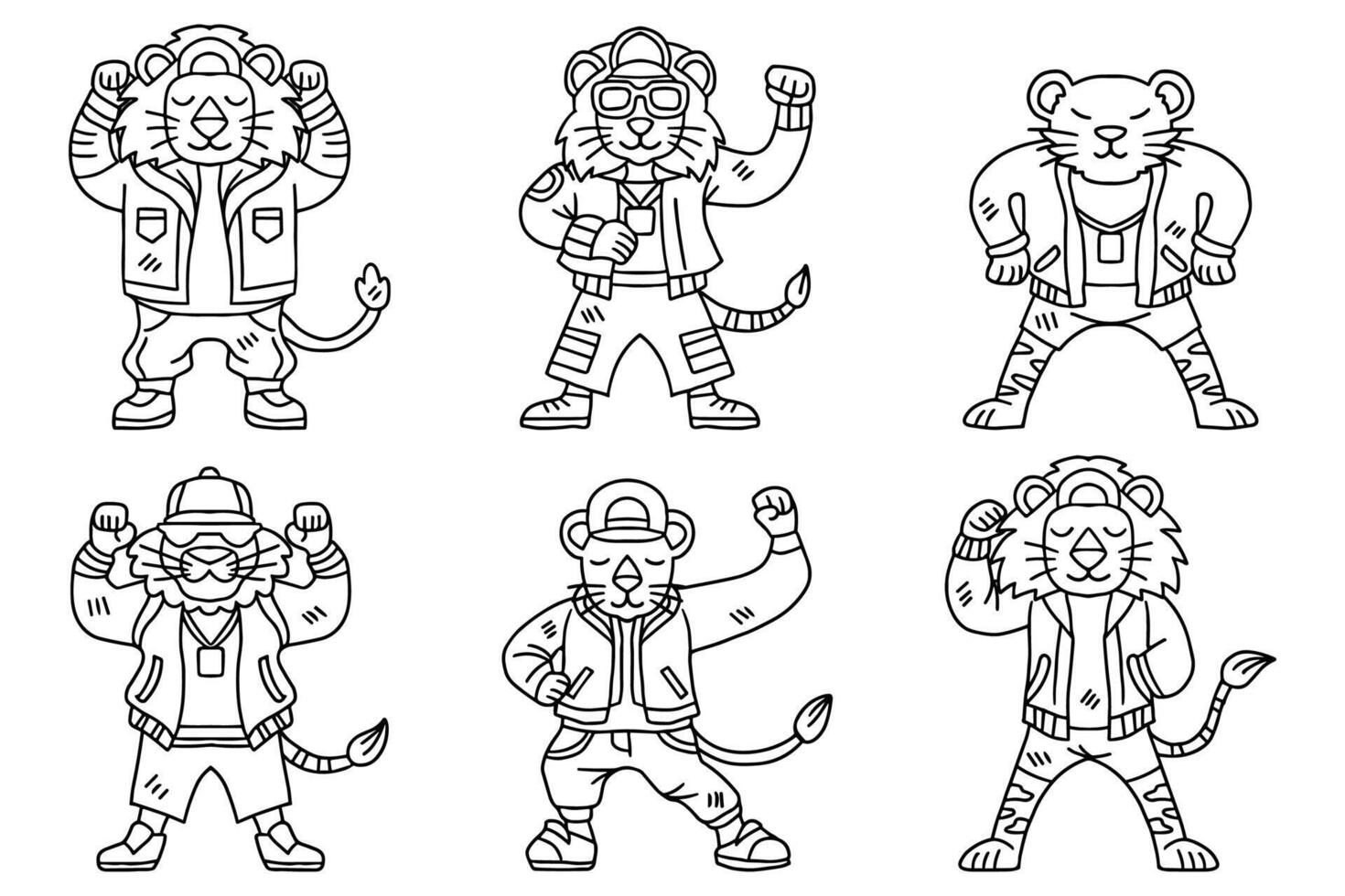 A group of cartoon lion are dressed in clothing and are posing for a picture vector