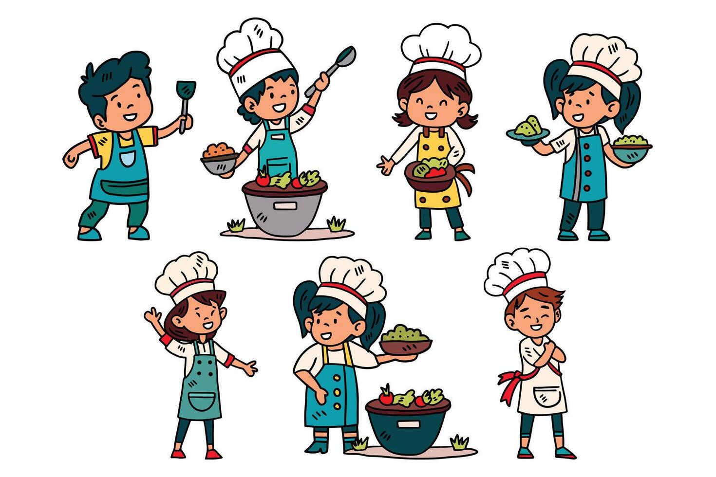 A group of children dressed as chefs are shown in various poses vector