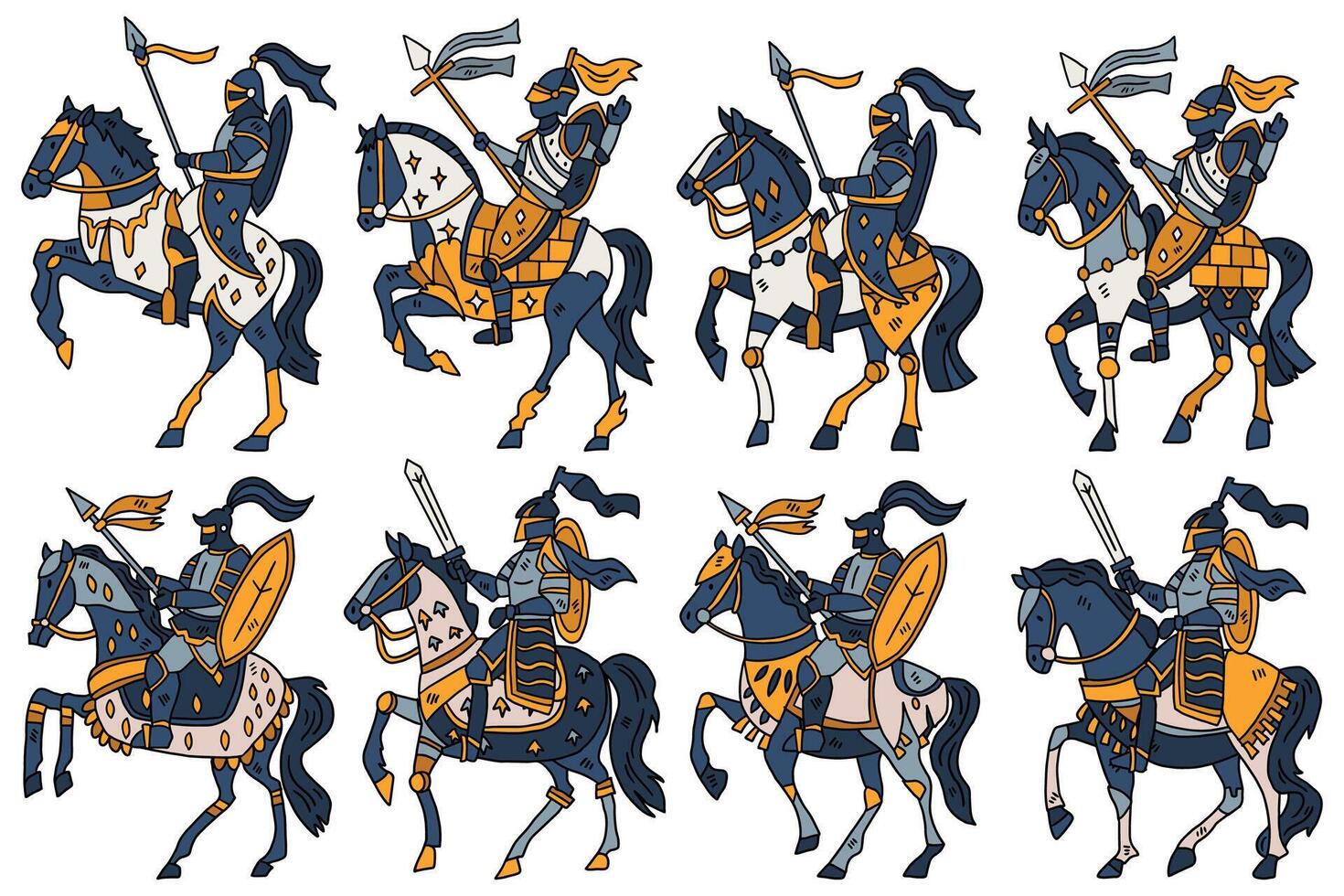 A series of black and white images of knights riding horses vector