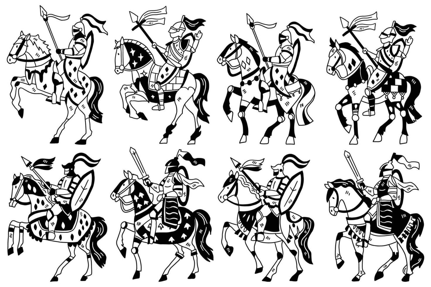A series of black and white images of knights riding horses vector