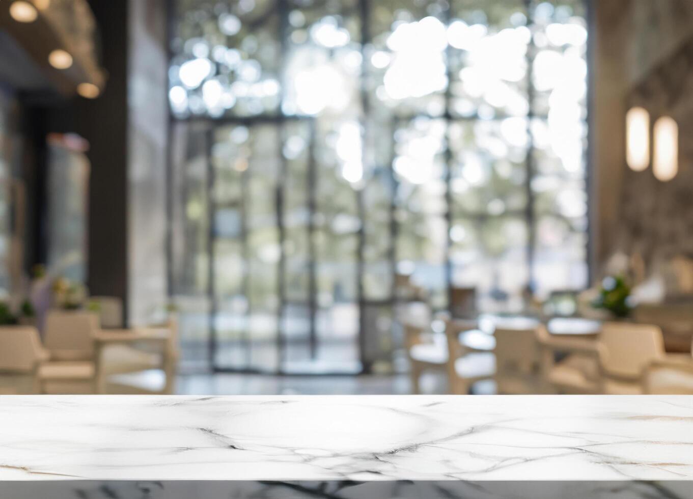 Empty white marble stone table top and blurred glass window interior cafe and restaurant photo