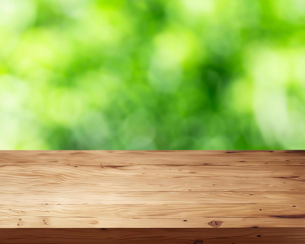 Wood table for food display with green tree garden photo