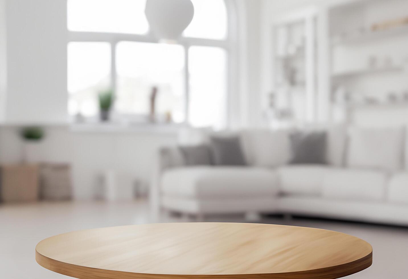 Empty round table for display product with blurred living room photo