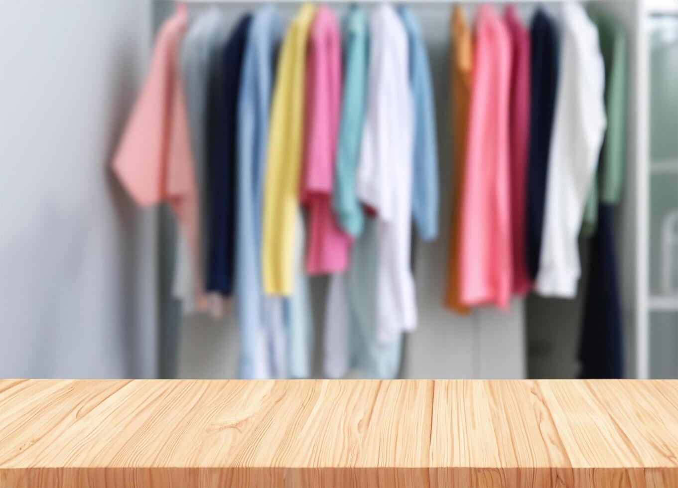 Wood table for display products with blurred colorful clothes hanging photo