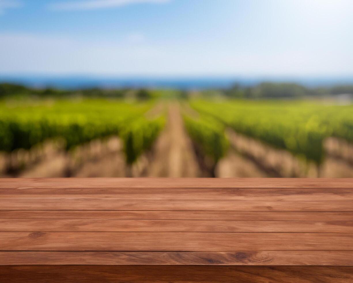 Empty wood table for product display with grape field photo