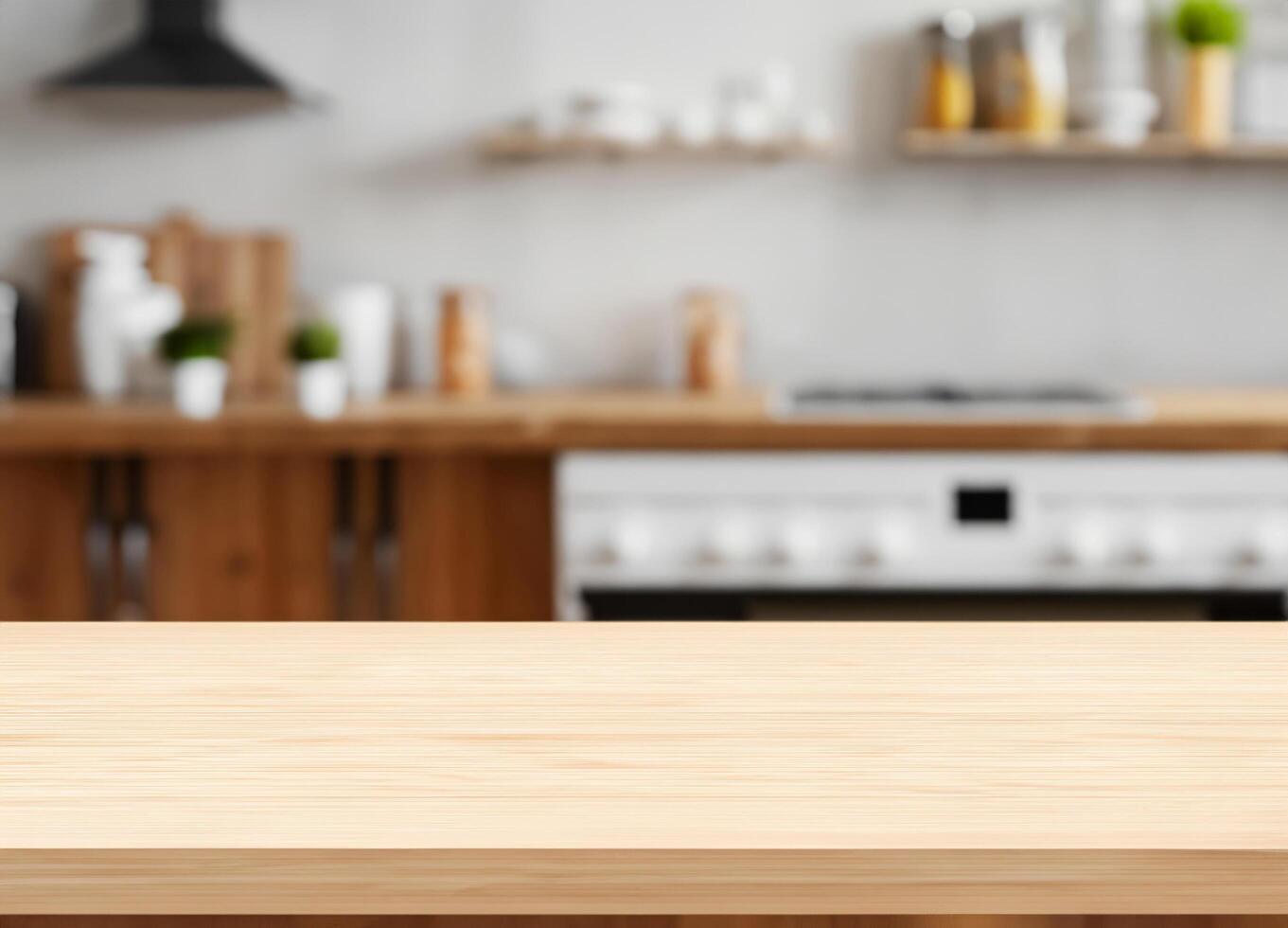 Table top for product display with blurred modern kitchen photo