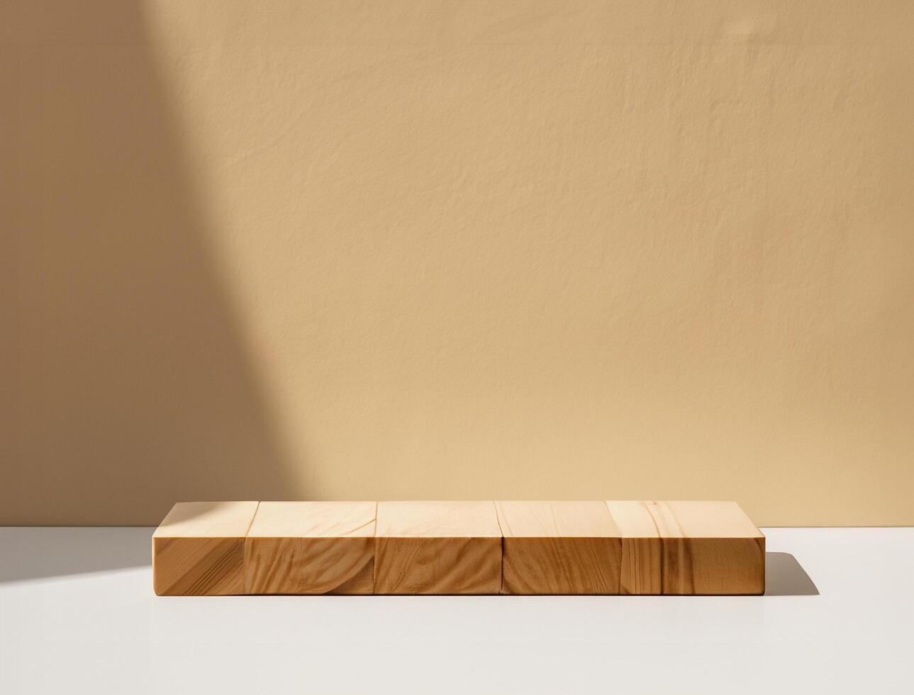 Wood product display stand on the table and beige wall photo