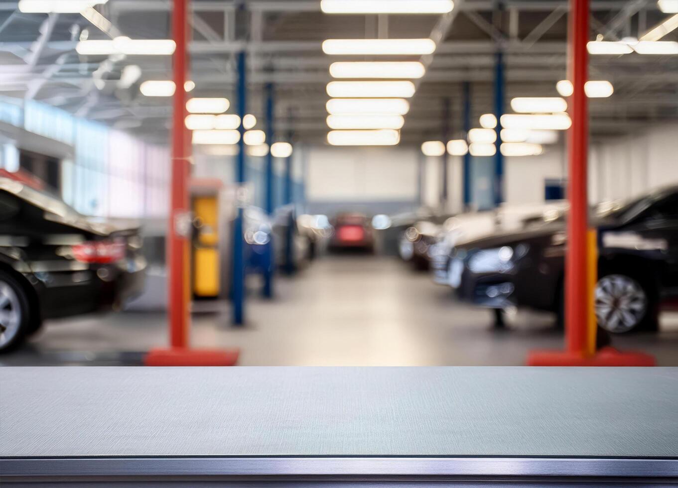 Metalic table for product display in front of blurred factory garage repair shop background photo