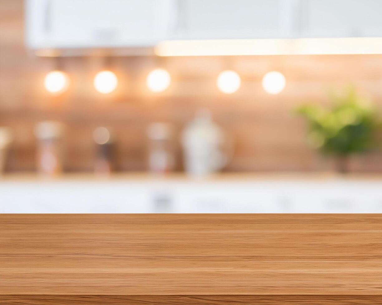 Wood table for food display with blurred kitchen photo