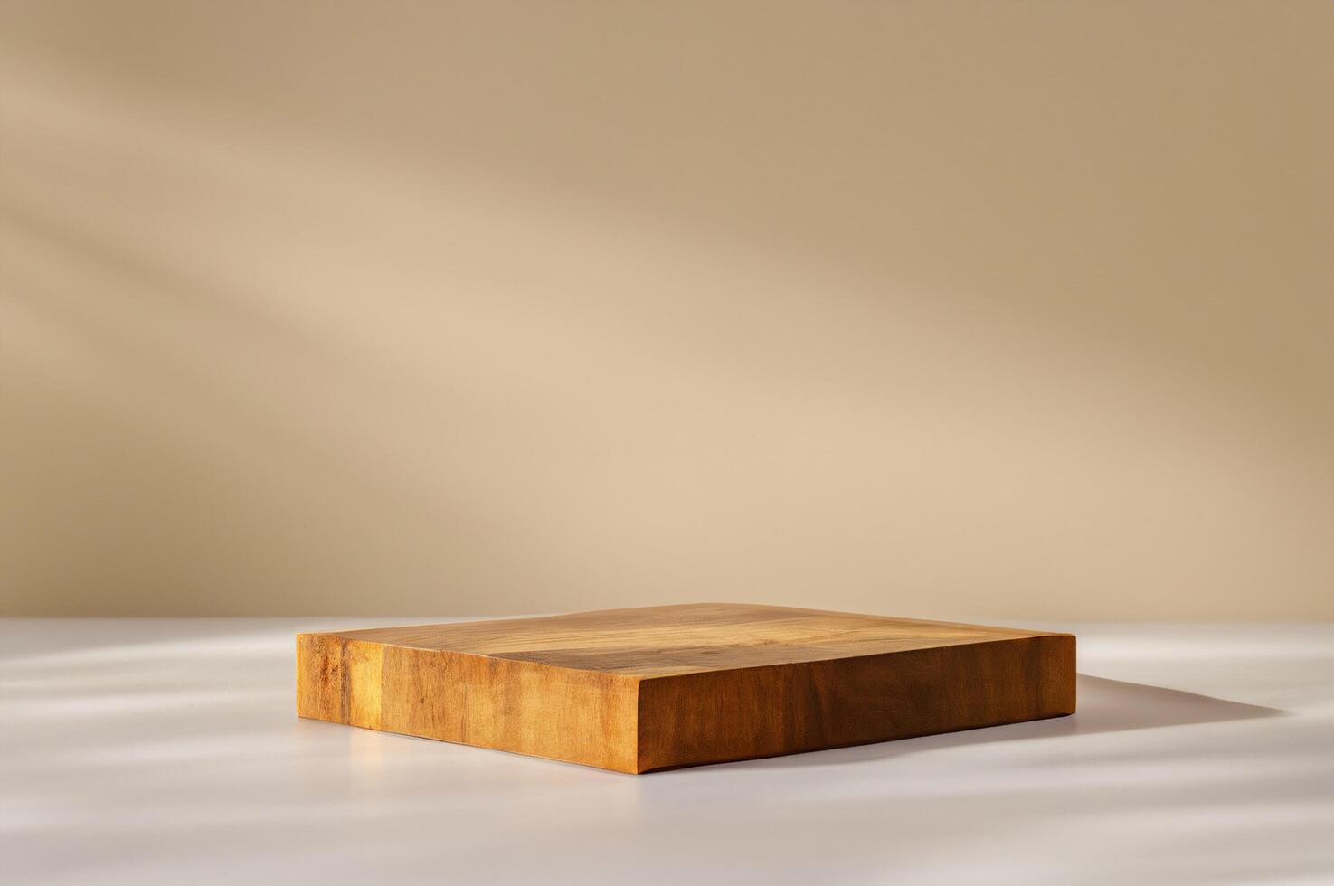 Square wooden podium for display product on baige wall photo