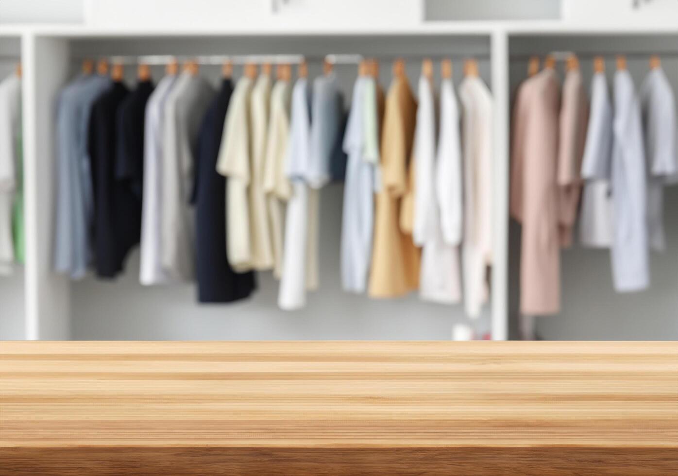 Wood table for display products with blurred clothes hanging photo