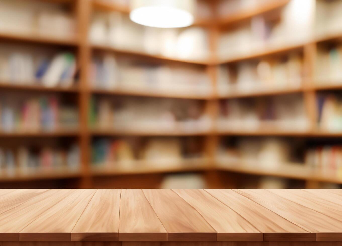 Empty wooden table and blurred modern library photo