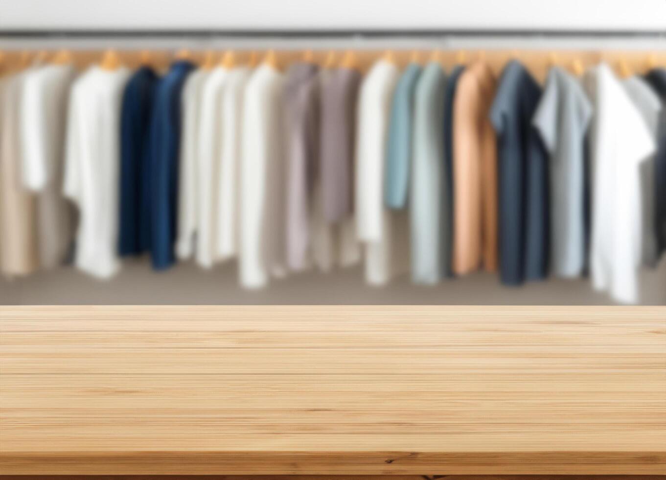 Wood table for display products with blurred clothes hanging photo