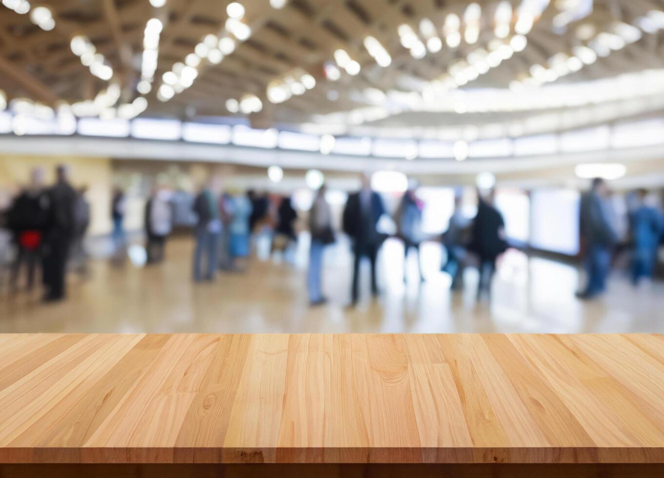 Wooden table with blurred exhibitiopn event hall photo