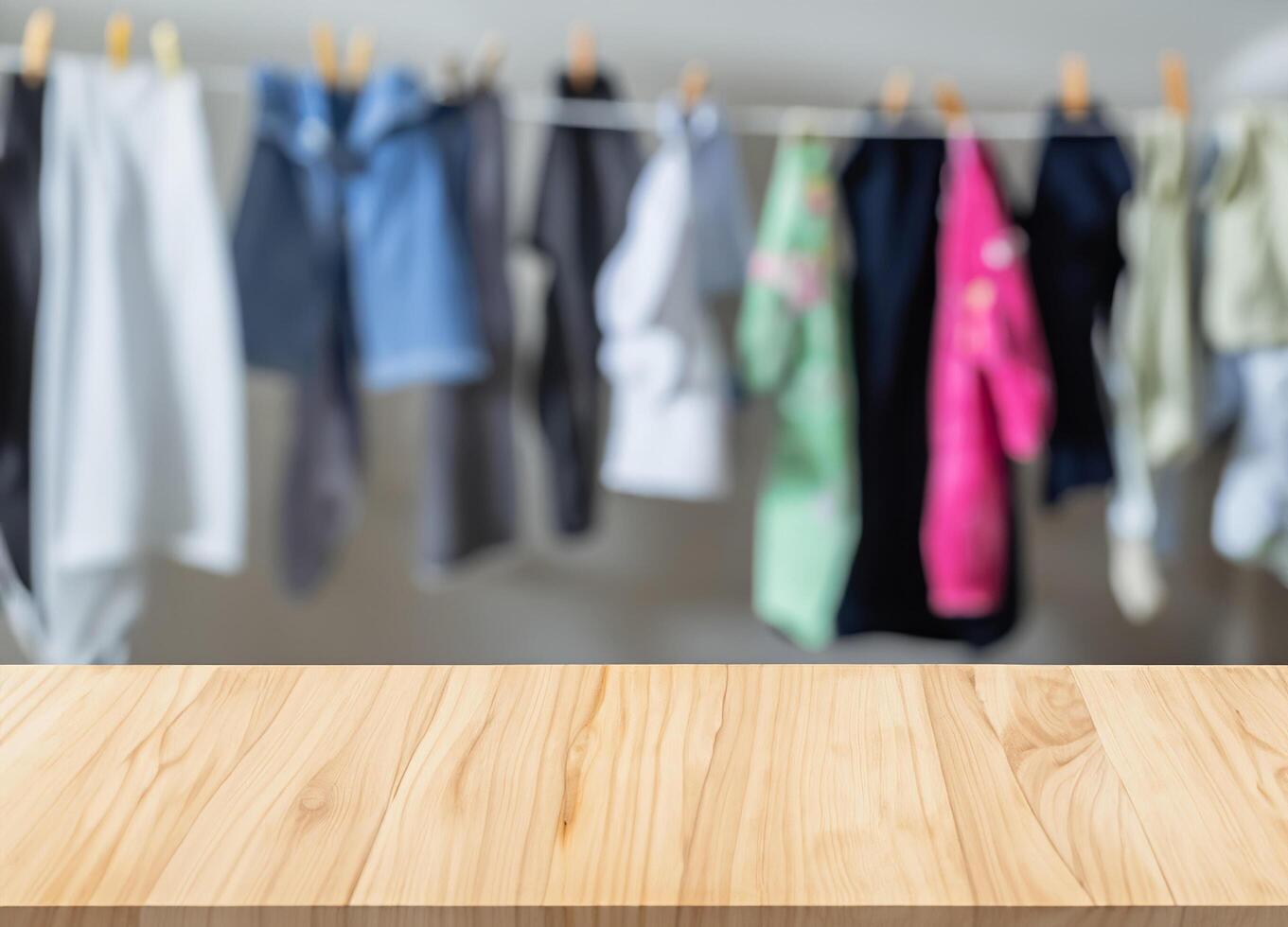 Wooden display table with blurred children's clothes photo