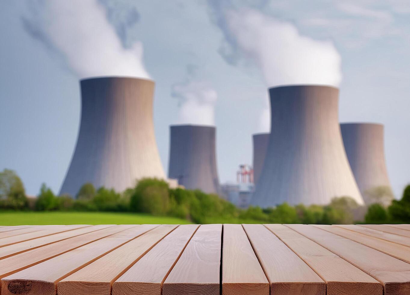 Wooden table with blurred nuclear power plant background photo