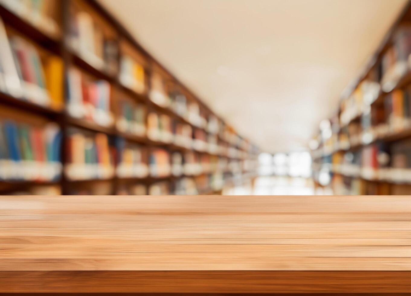 Empty wooden table and blurred modern library photo