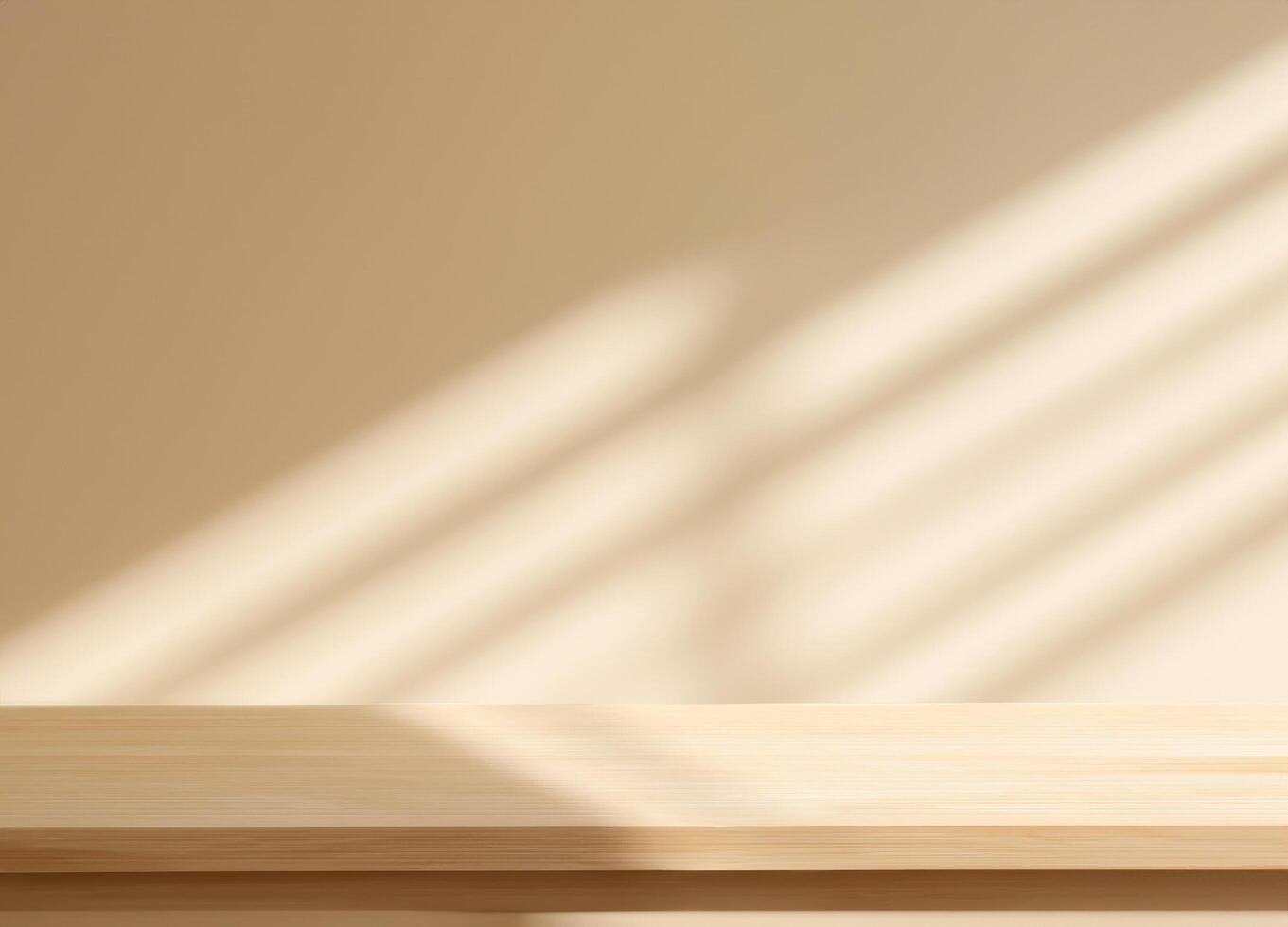 Empty wooden table with light and shadow on beige wall photo