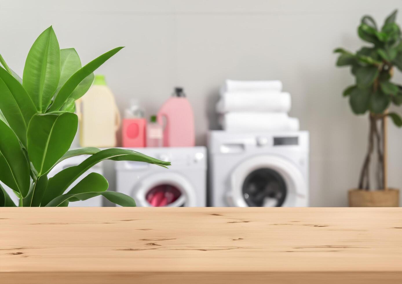 Wood table for display products and blurred laundry room with green plants photo