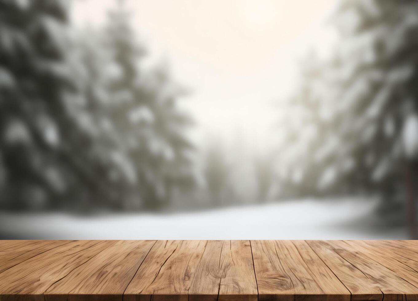 Empty wooden table top on blurred winter forest photo