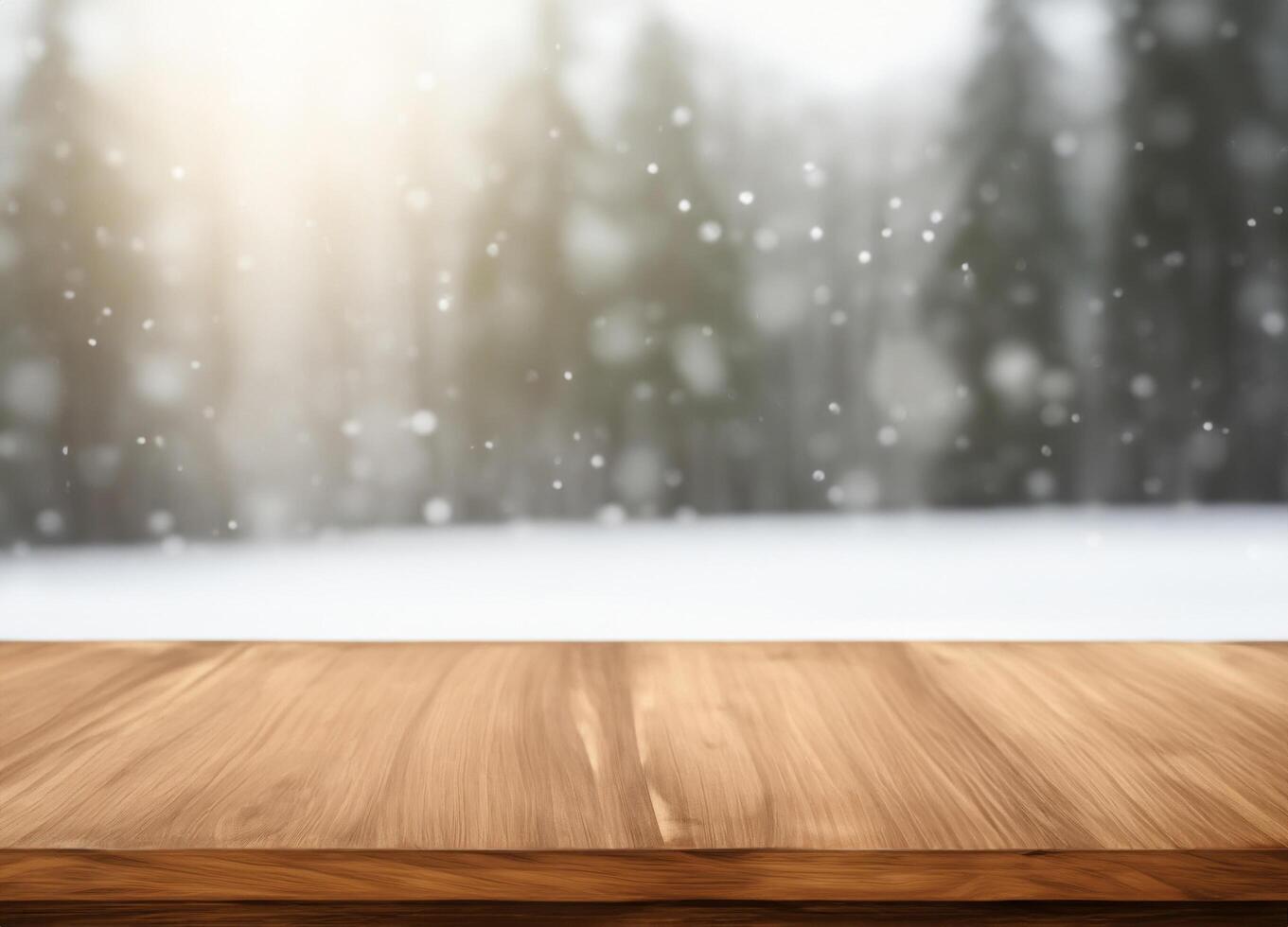Empty wooden table top on blurred winter forest photo