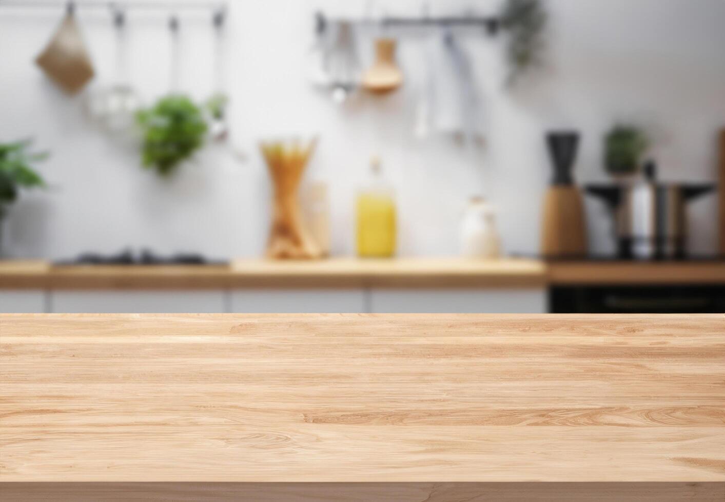 Table top for product display with blurred modern kitchen interior photo