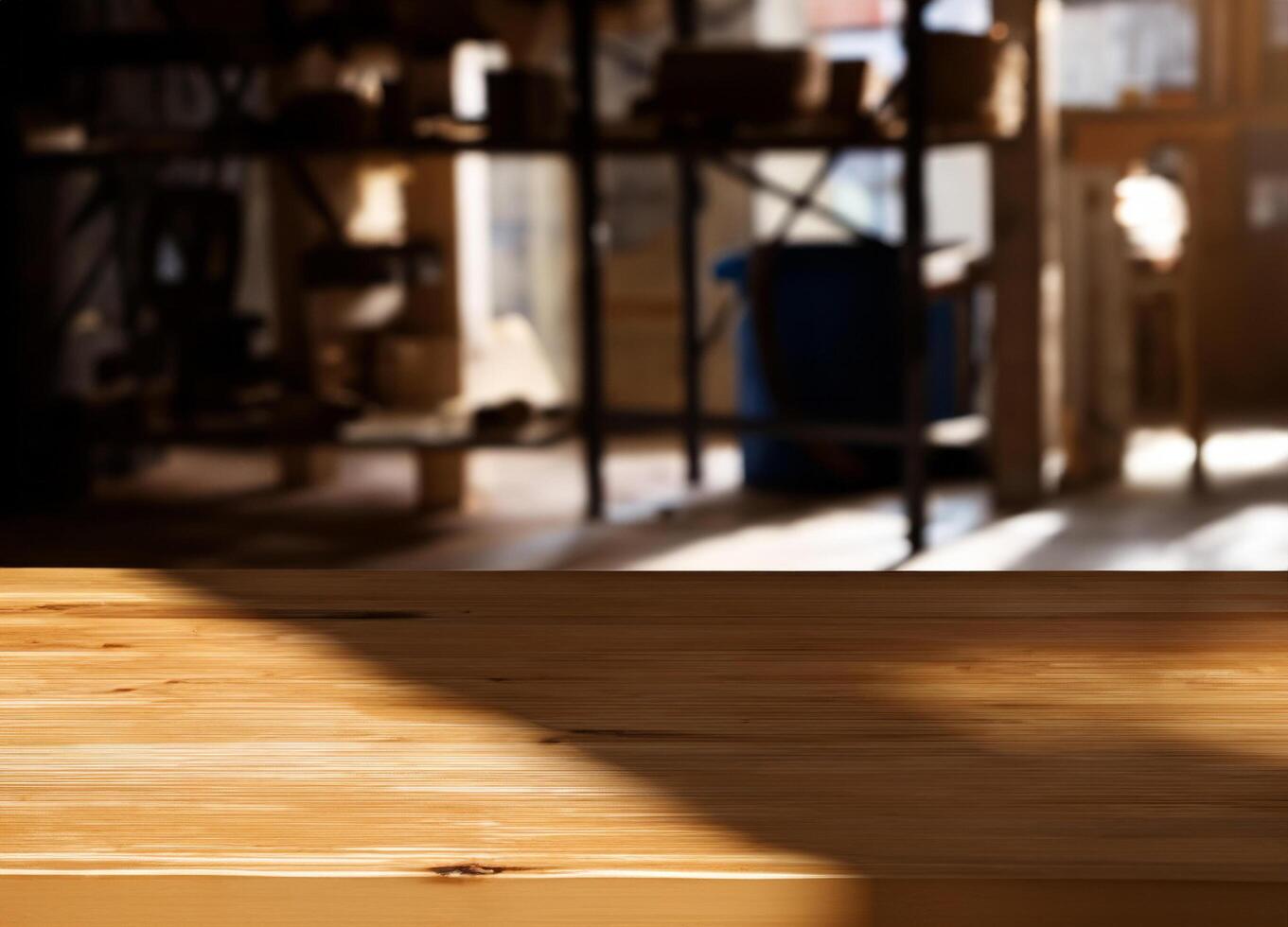 Wooden table with blurred dark shadows and natural sun light workshop interior photo