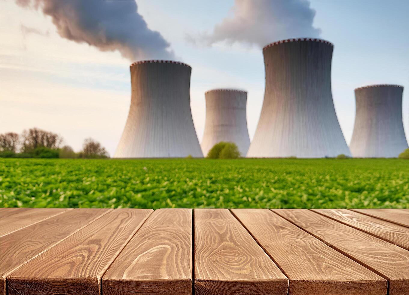 Wooden table with blurred nuclear power plant photo