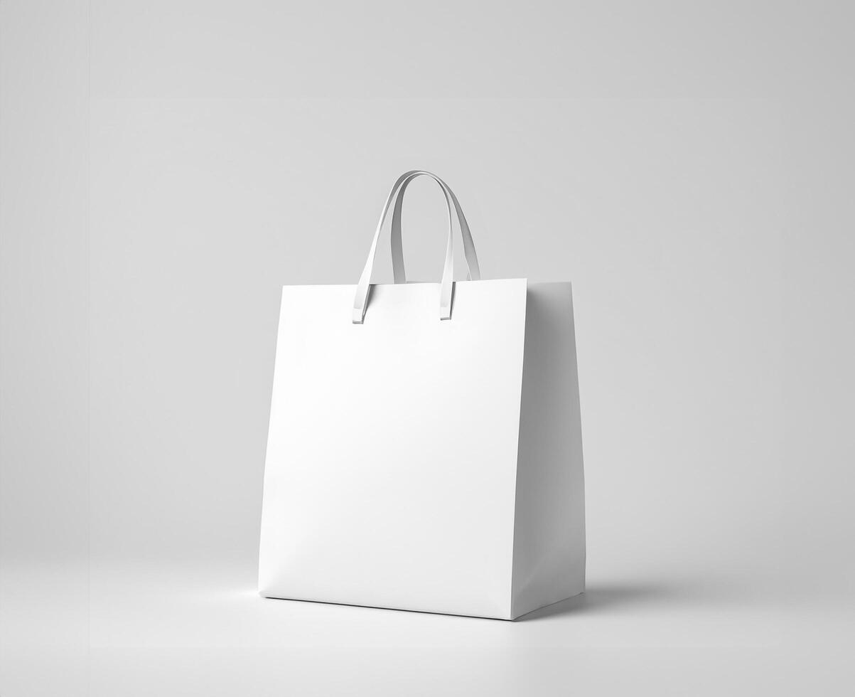 Blank white paper shopping bag mockup on white photo
