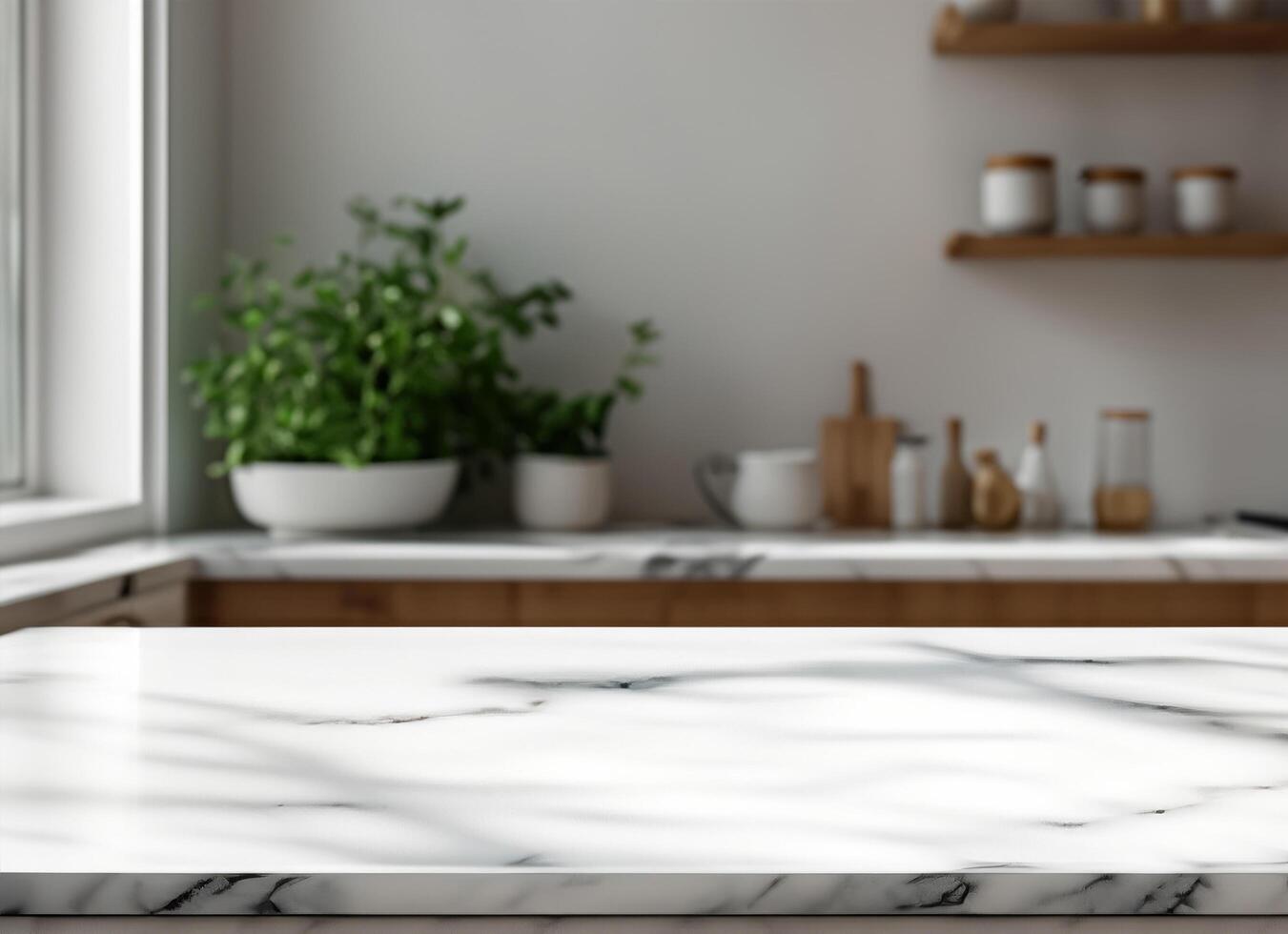 Empty wooden table top with kitchen natural light and shadow blurred photo