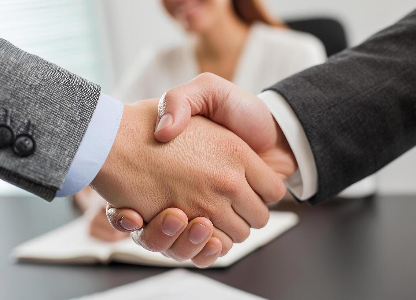 Close up of handshake in the office background photo