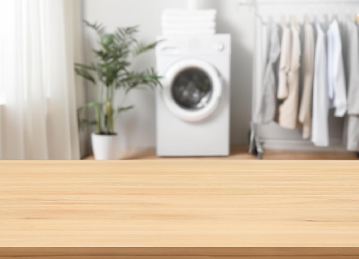 Wood table for display products on background of blurred laundry room photo