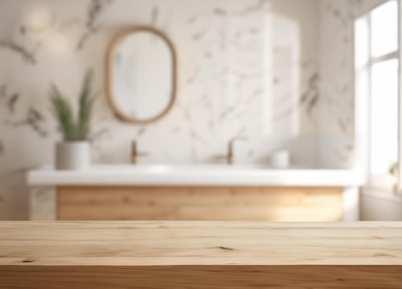Wooden table for product display with blurred bright bathroom background photo