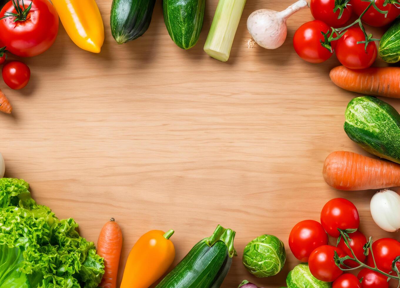 Wood table around with ingredients variety of vegetables photo