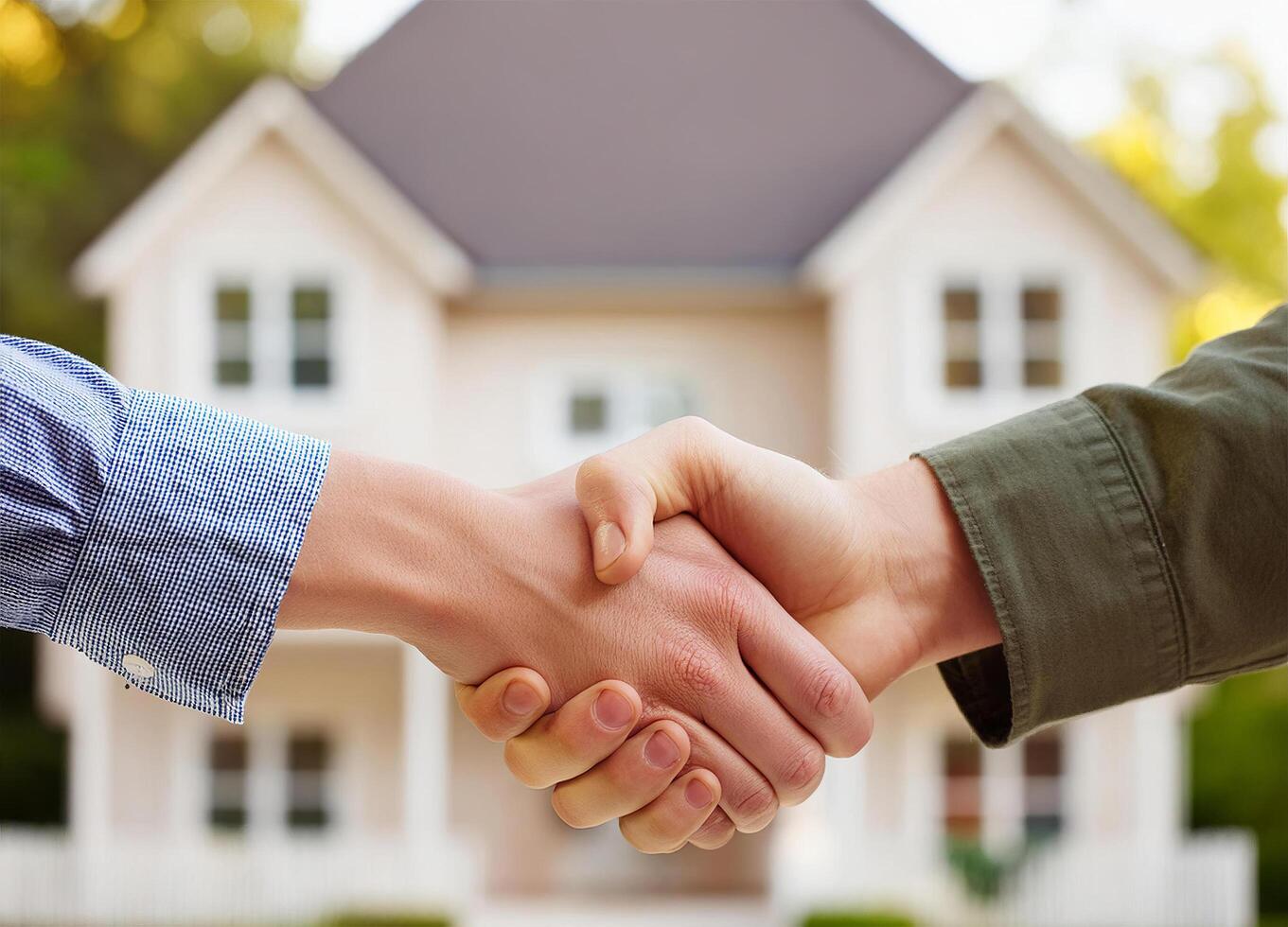 Close up of handshake with house for sale in background photo