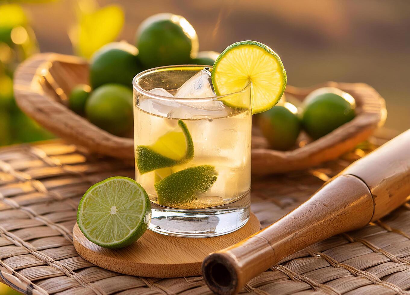 Caipirinha cocktail with ice cube and limes on a wood table photo