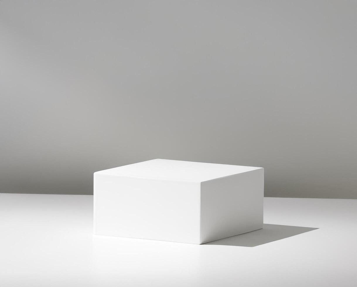 White cube product display podium on empty white room photo