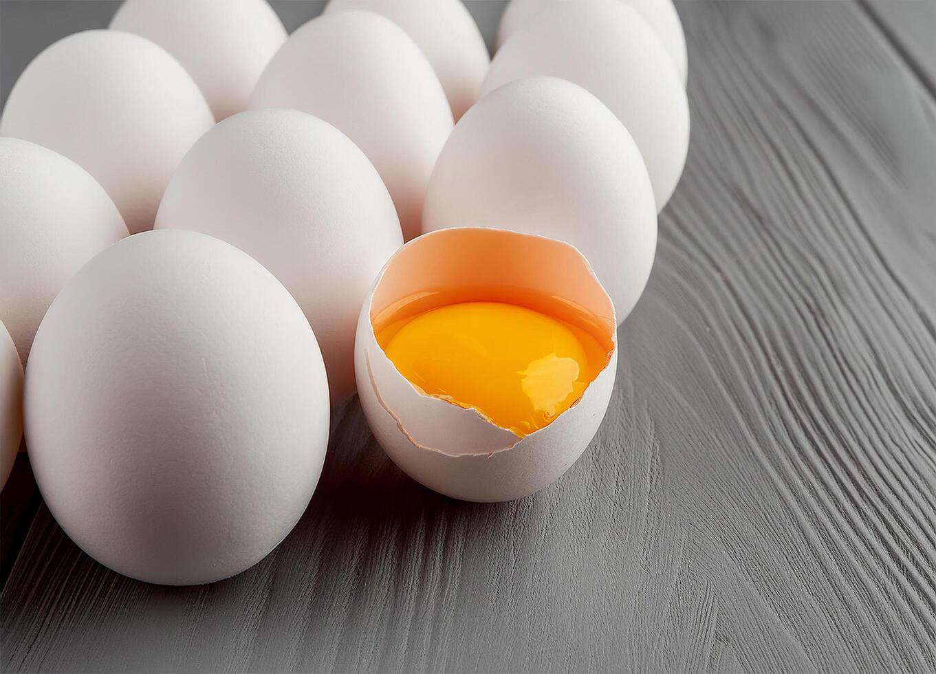 Row of white eggs and single broken egg with a yolk photo