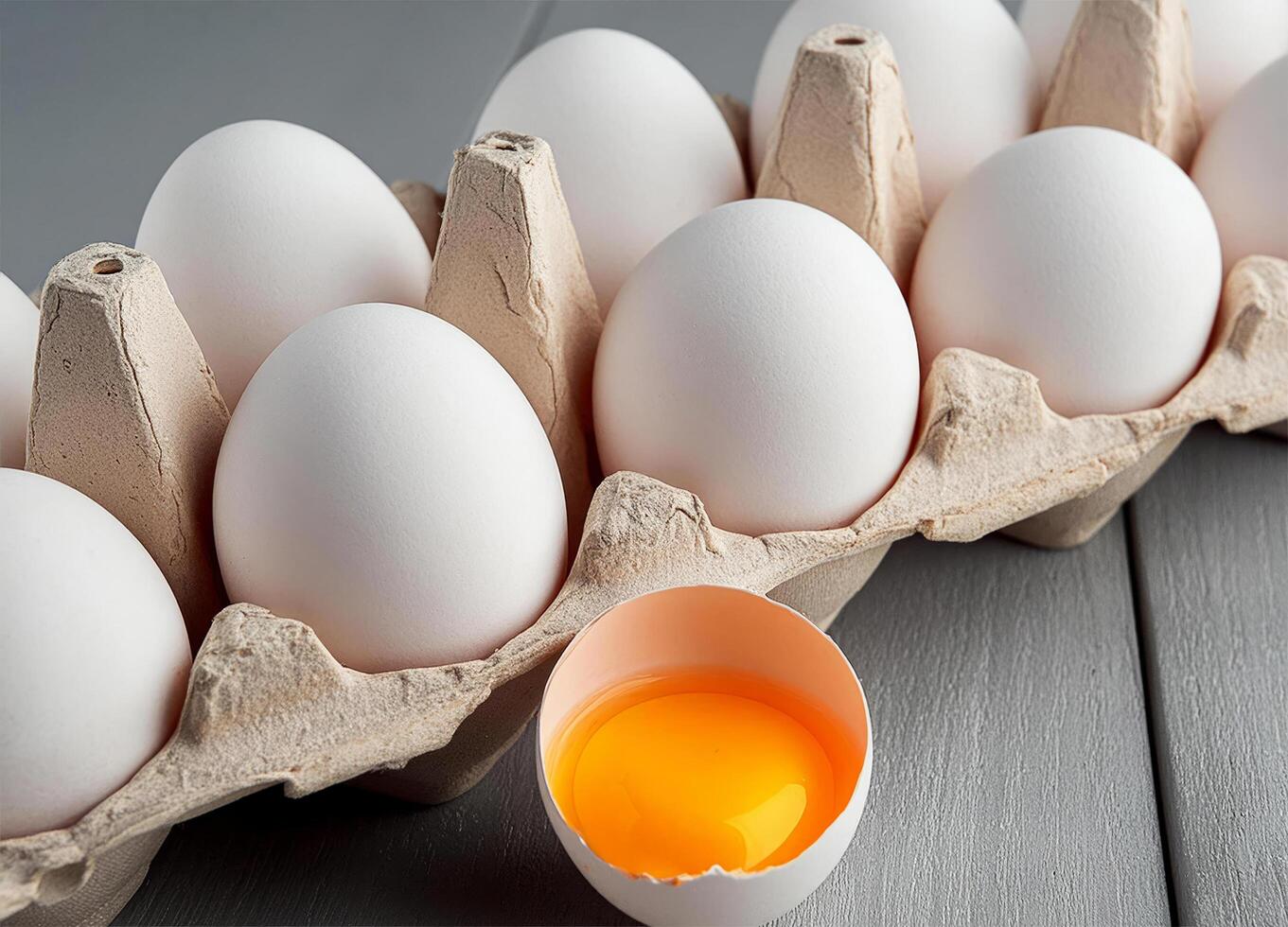 Row of white eggs and single broken egg with a yolk photo