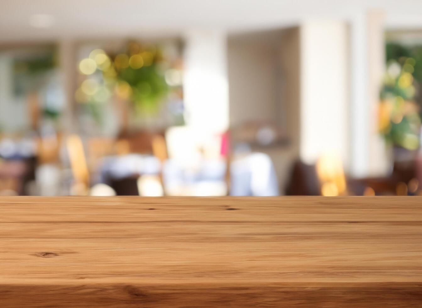 Wood table with blurred dining room photo