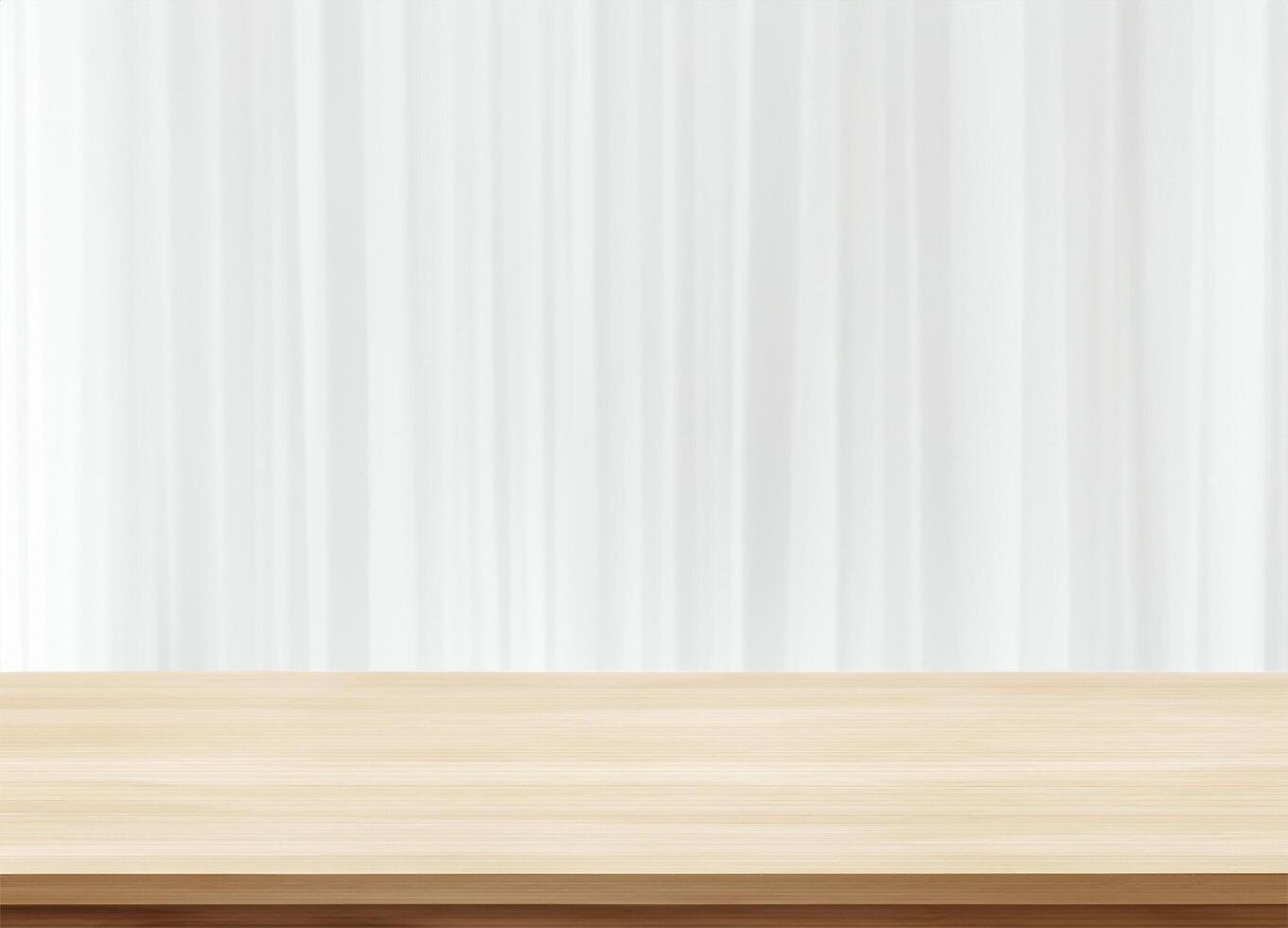 Wood table for display products with white curtain photo